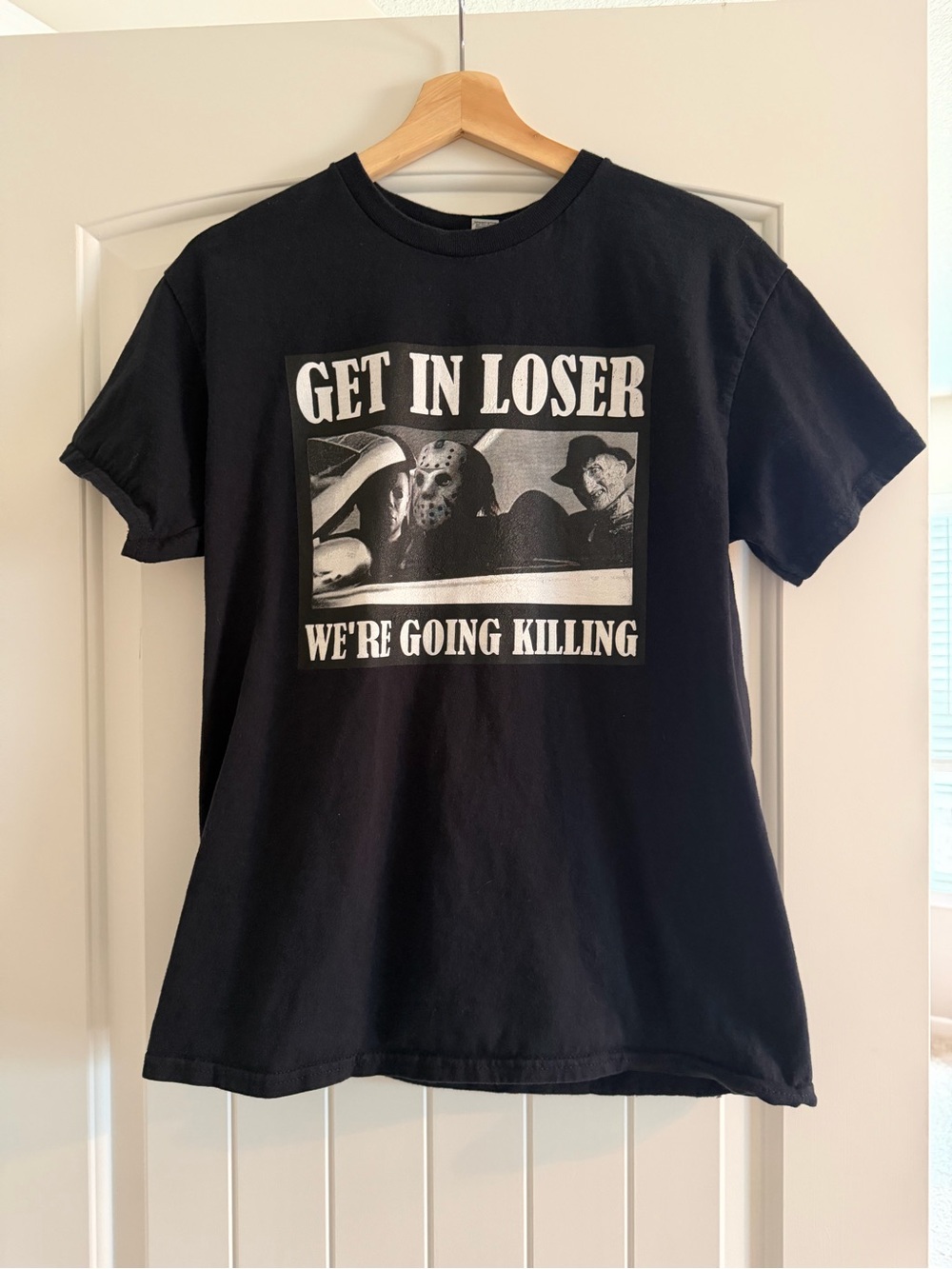 Black Graphic Horror Movie Cotton Tee - "Get In Loser We're Going Killing" Med